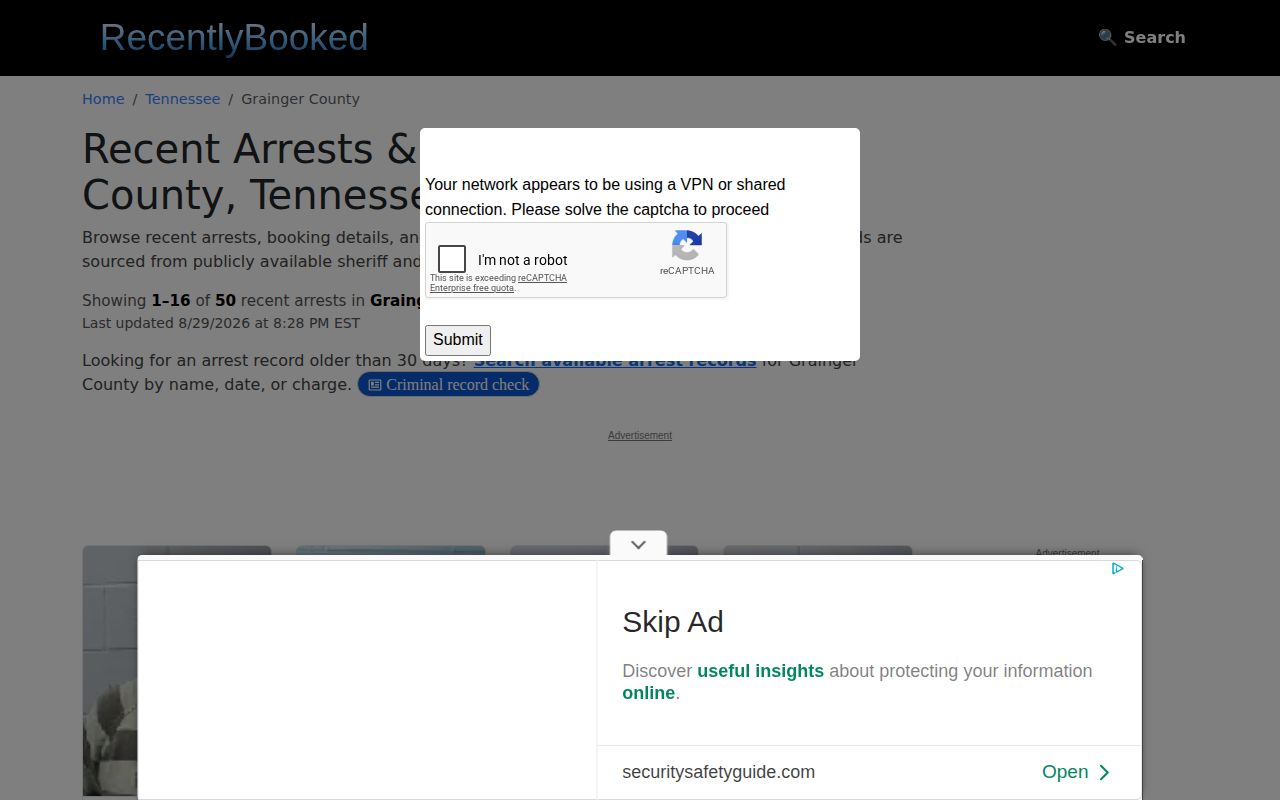 Grainger County unofficial booking record and mugshot copy page