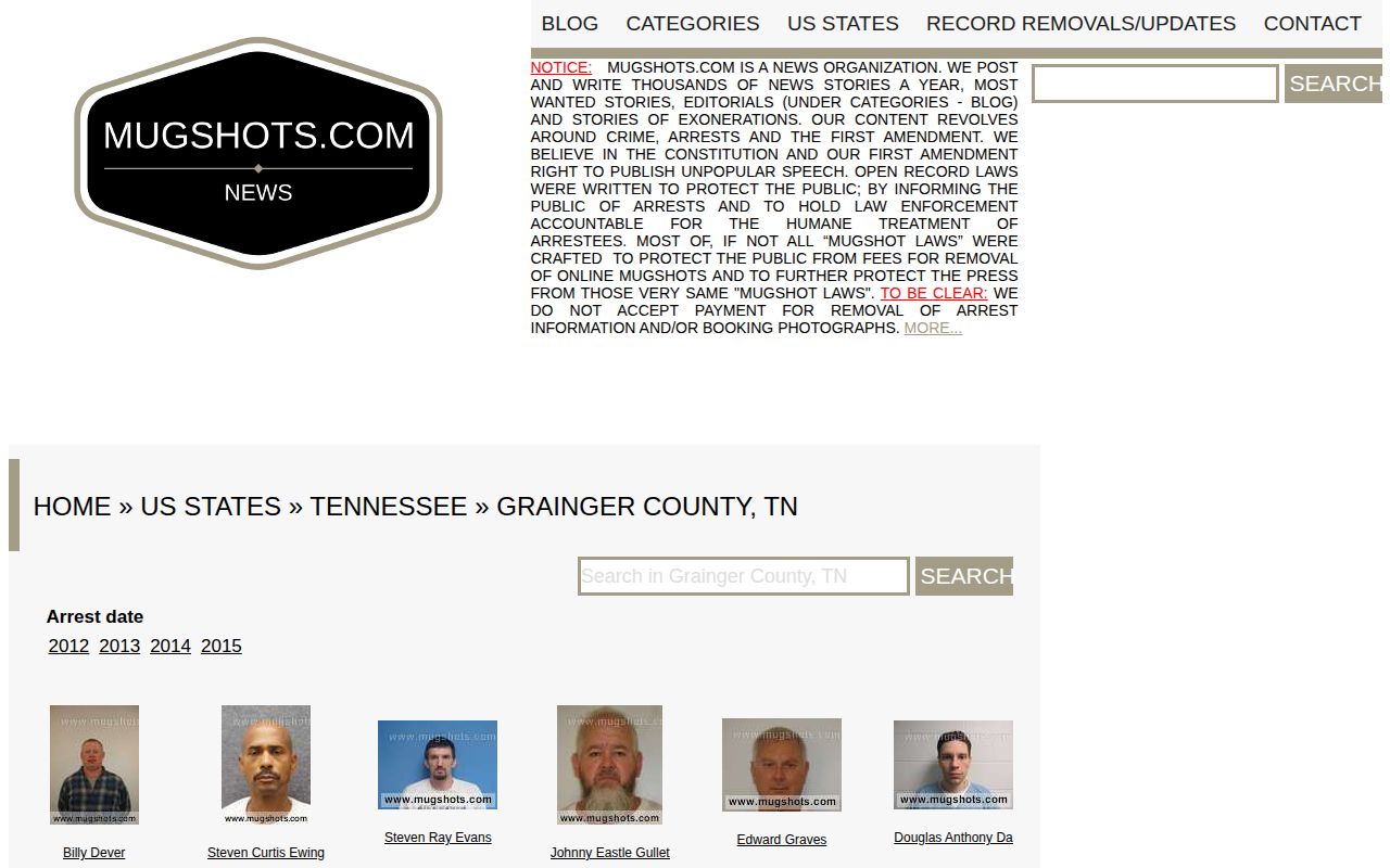 Grainger County historical mugshot news record page from an unofficial source