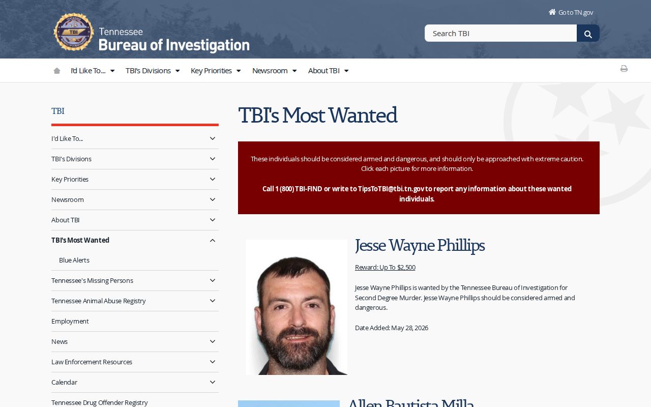 Tennessee official wanted-person record source for Grainger County warrant context